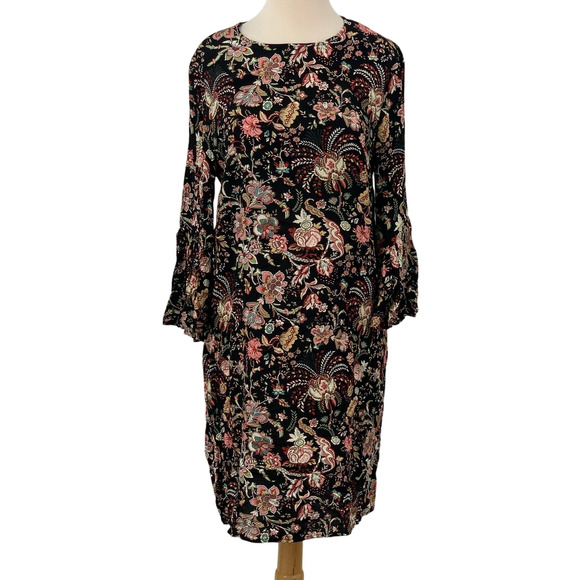 H&M Women's 3/4 Flared‎ Sleeve Pullover Dress Black Multi Floral Size 6 - Picture 1 of 8